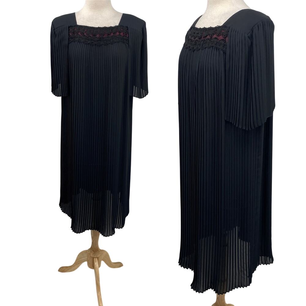 Vintage 70s 80s Pleated Babydoll Dress Lace Trim A Line Square Neck Black 2X